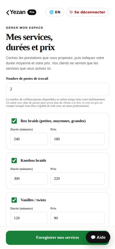 Vos prestations et vos prix